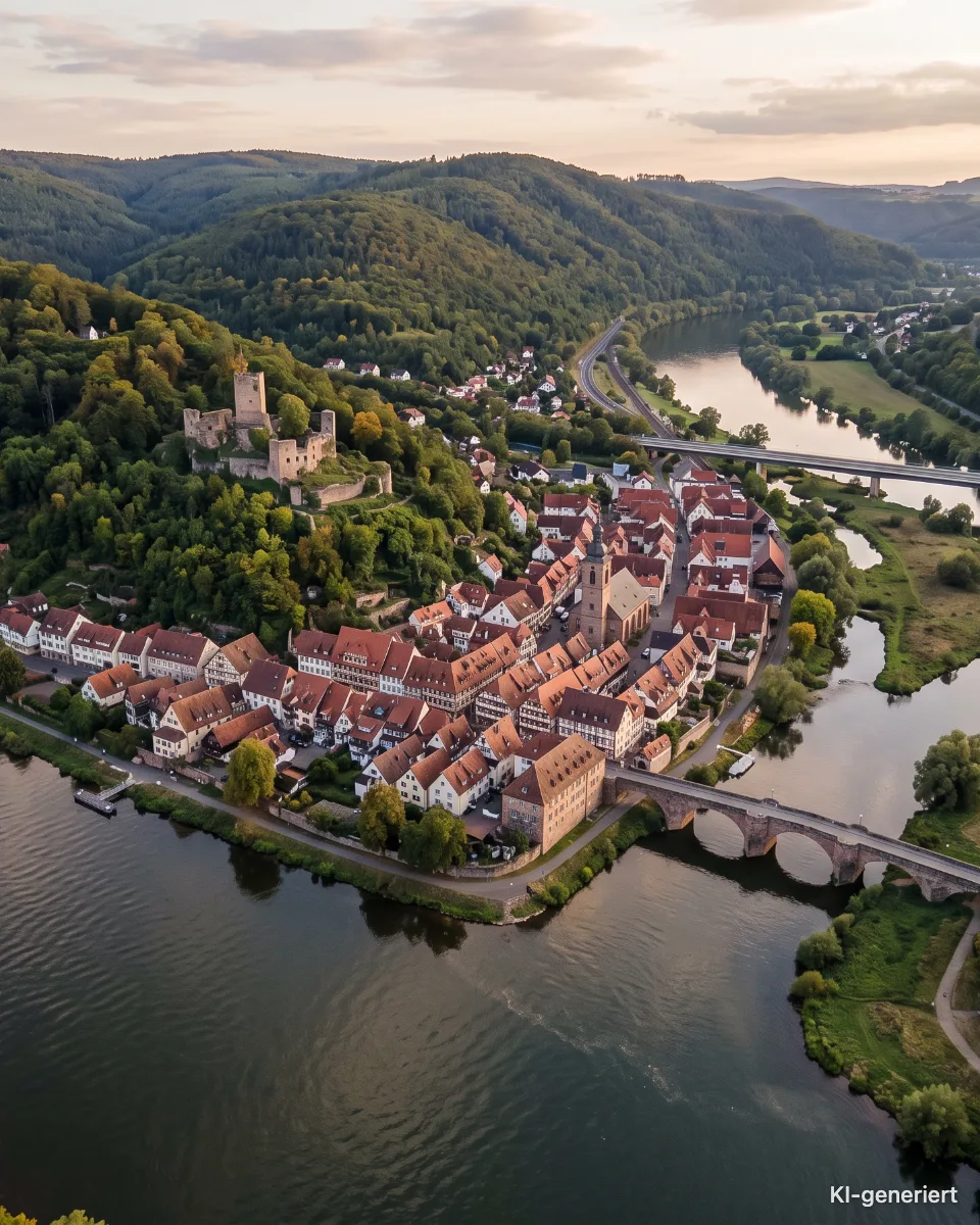 Gemünden an der Mündung der Fränkischen Saale in den Main, KI-generiertes Bild